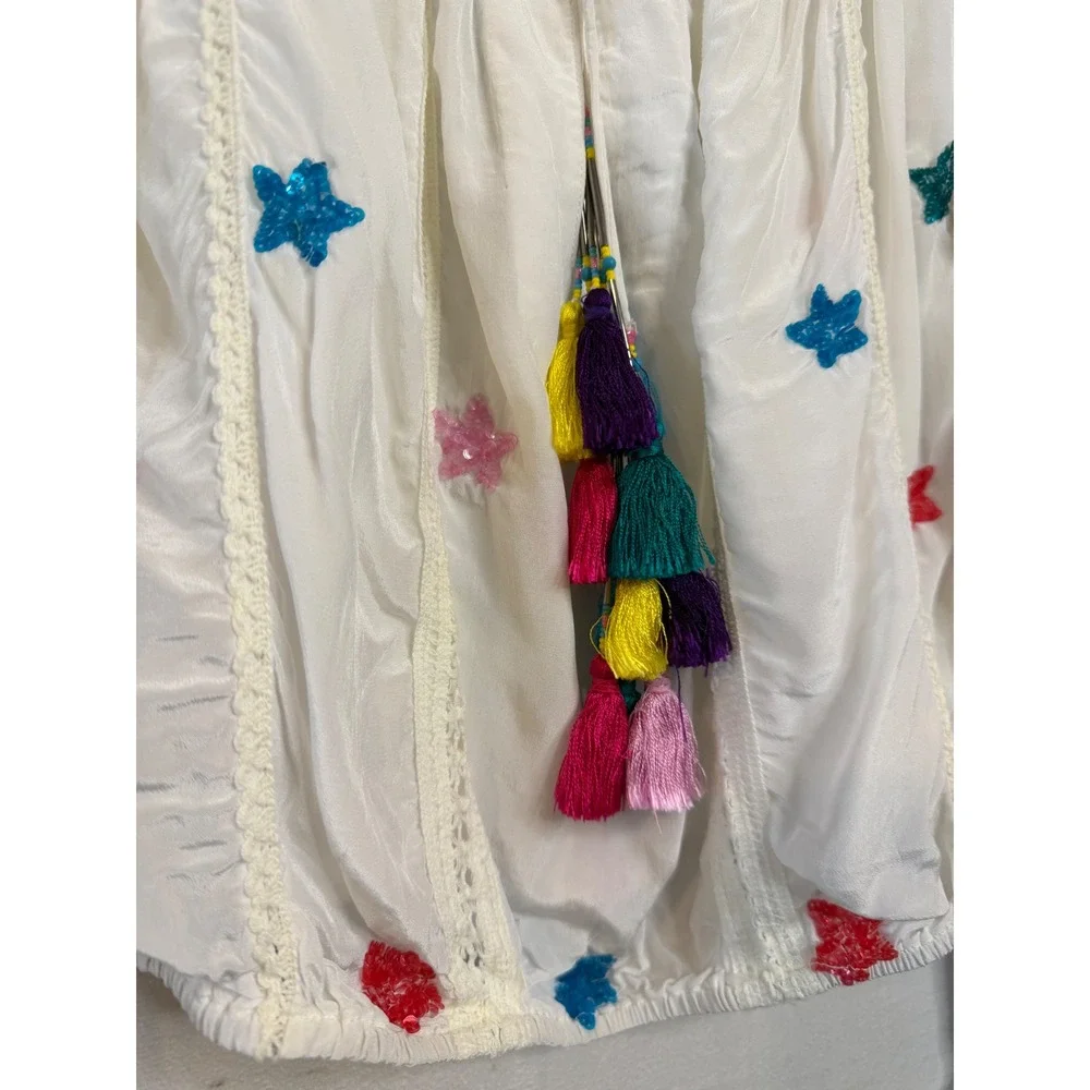 Rococo Sand White Sequin Star Off Shoulder Blouse Tassel Boho Top Small - Picture 2 of 8